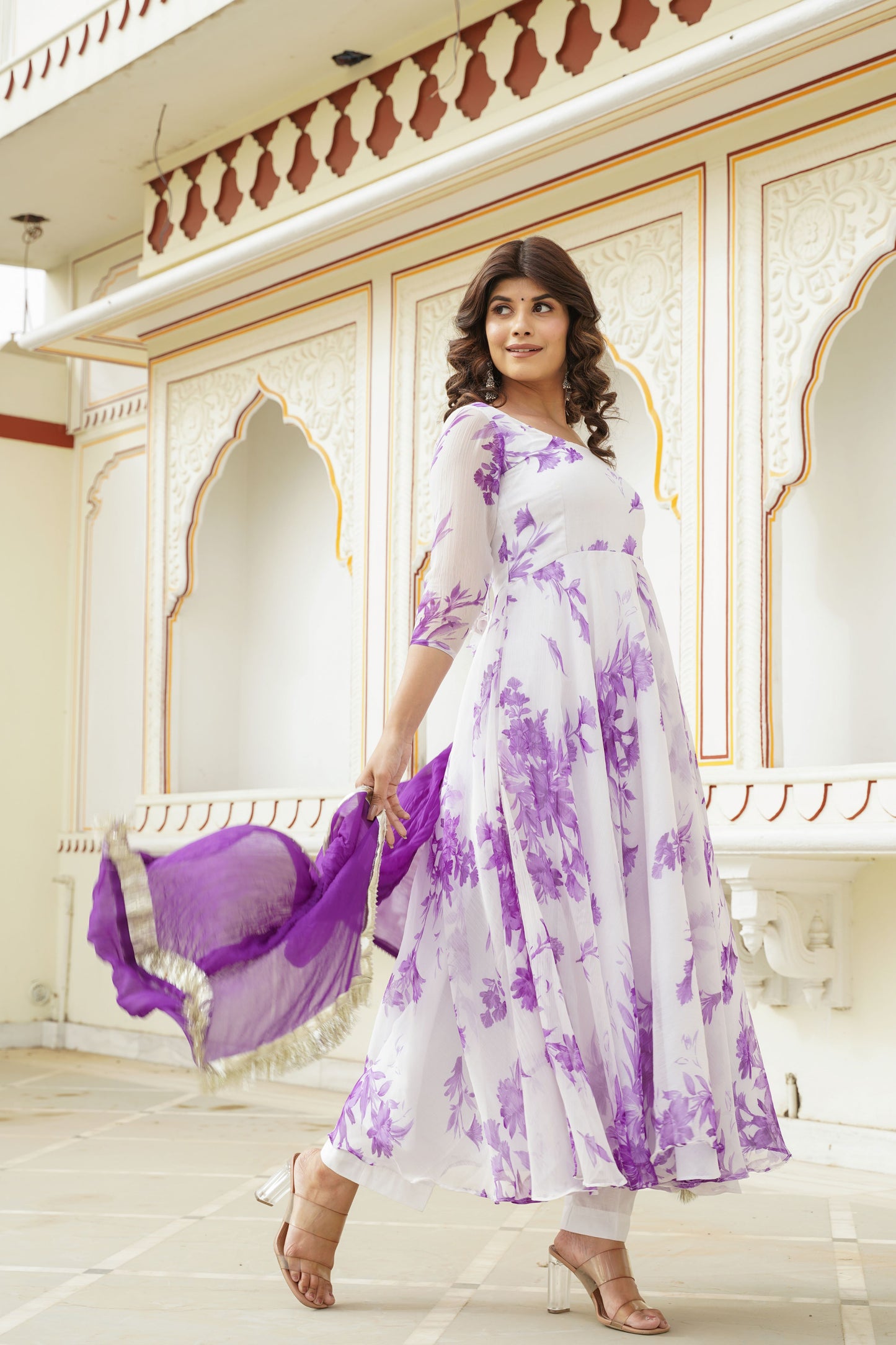 White Lavender Floral Anarkali