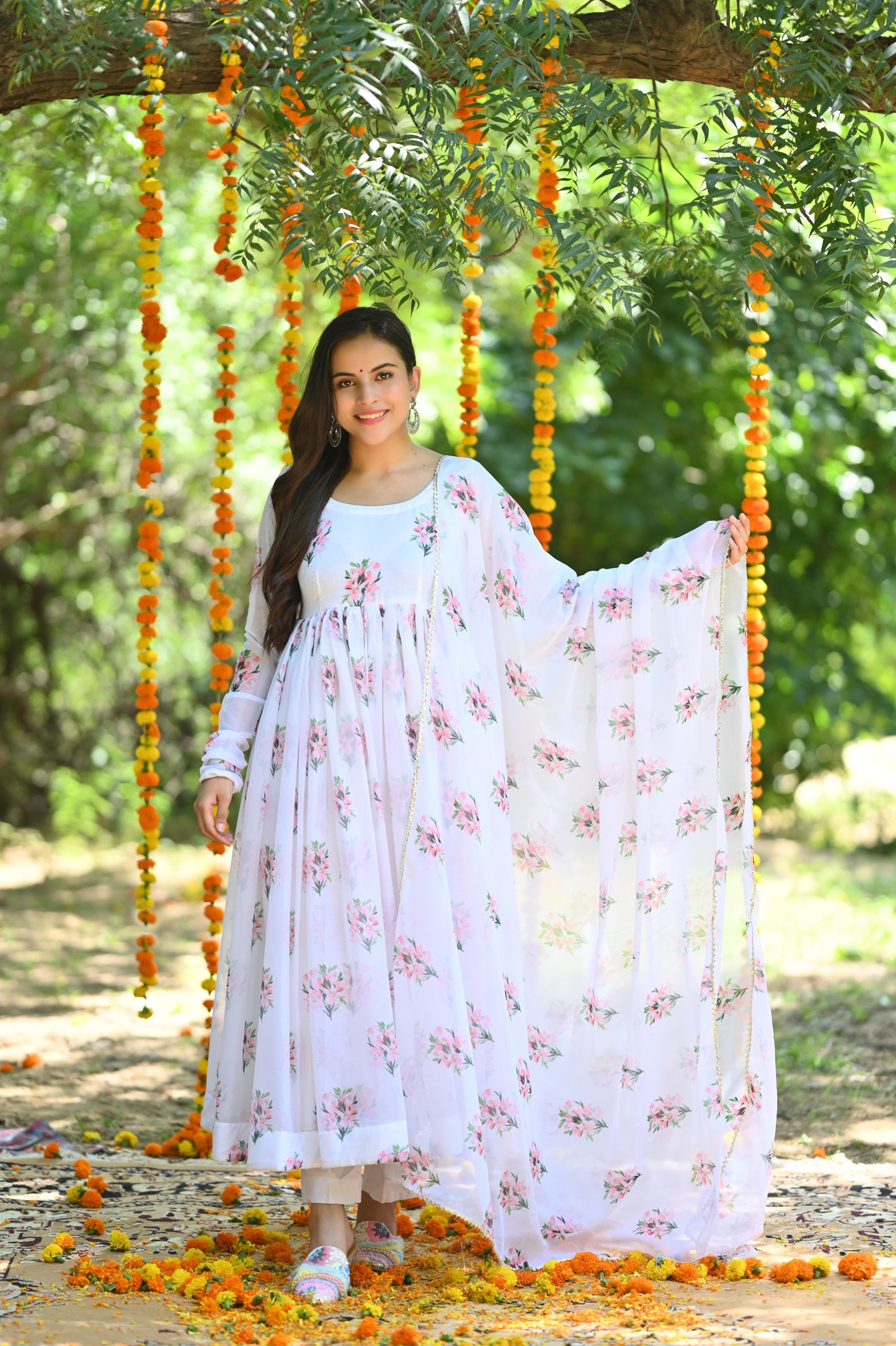 White Flower Bunch Anarkali