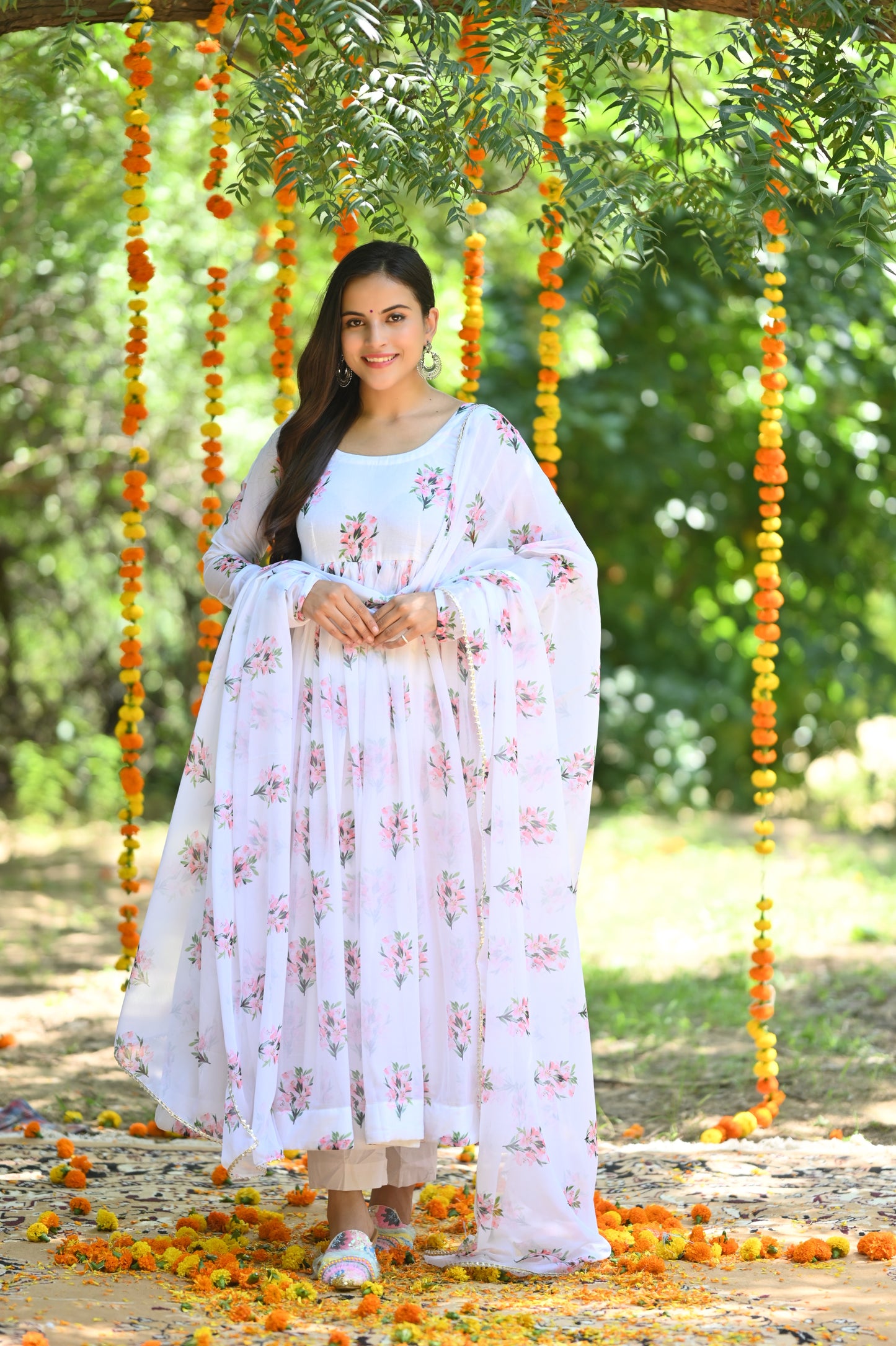 White Flower Bunch Anarkali