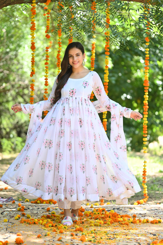 White Flower Bunch Anarkali