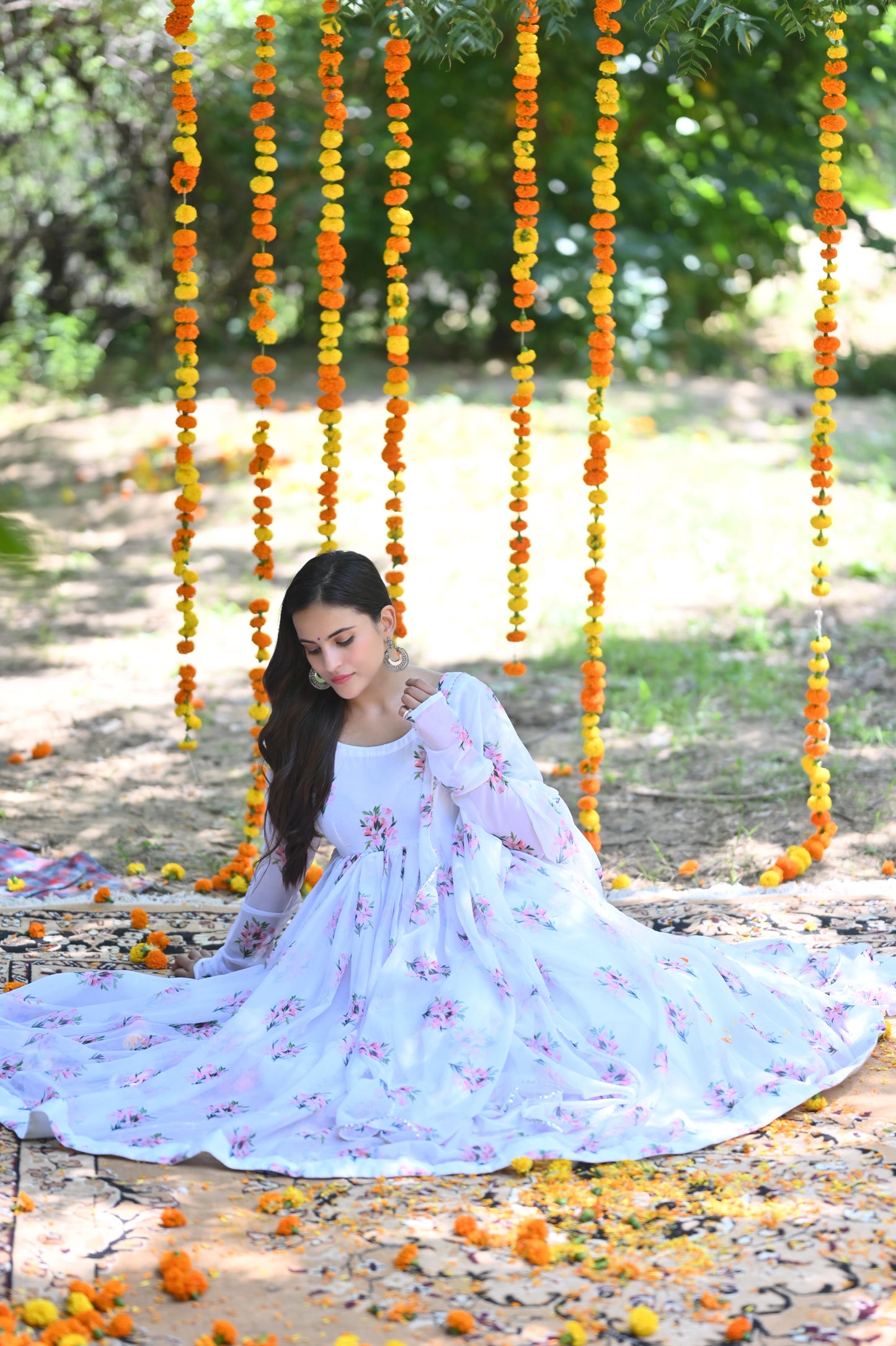 White Flower Bunch Anarkali