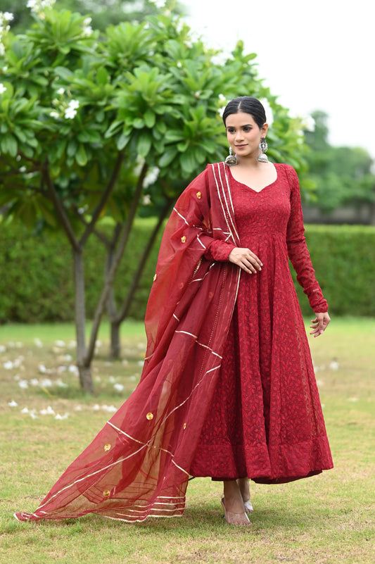 Maroon Chikankari Anarkali Set