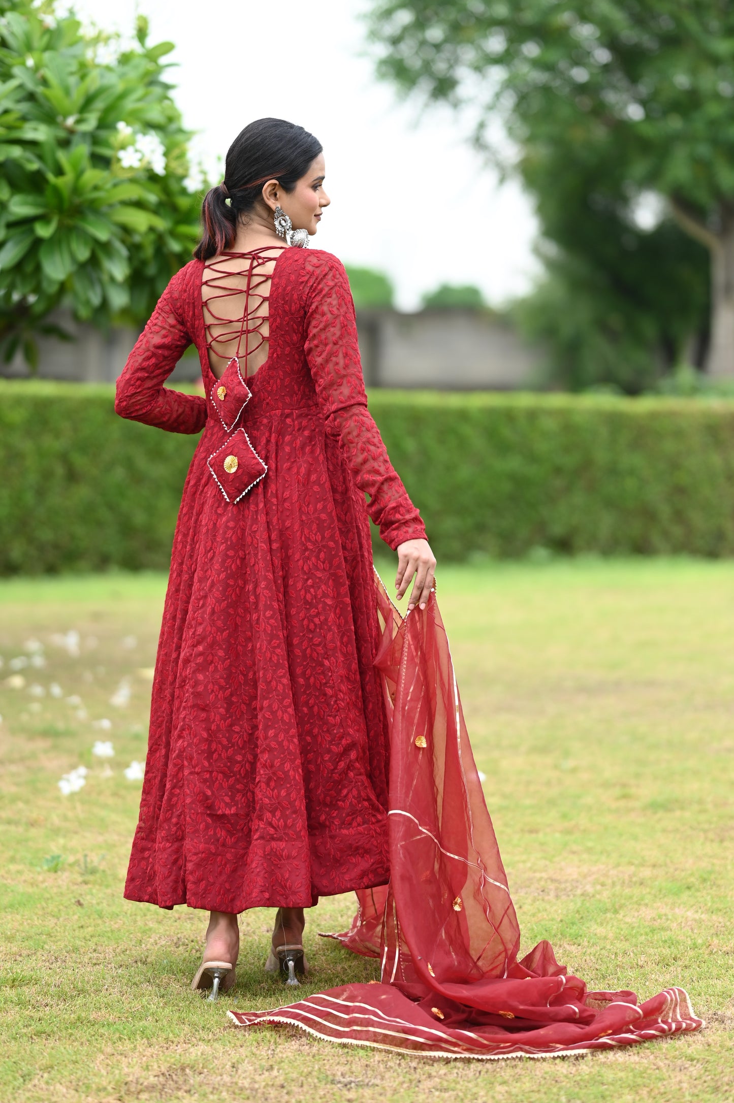 Maroon Chikankari Anarkali Set