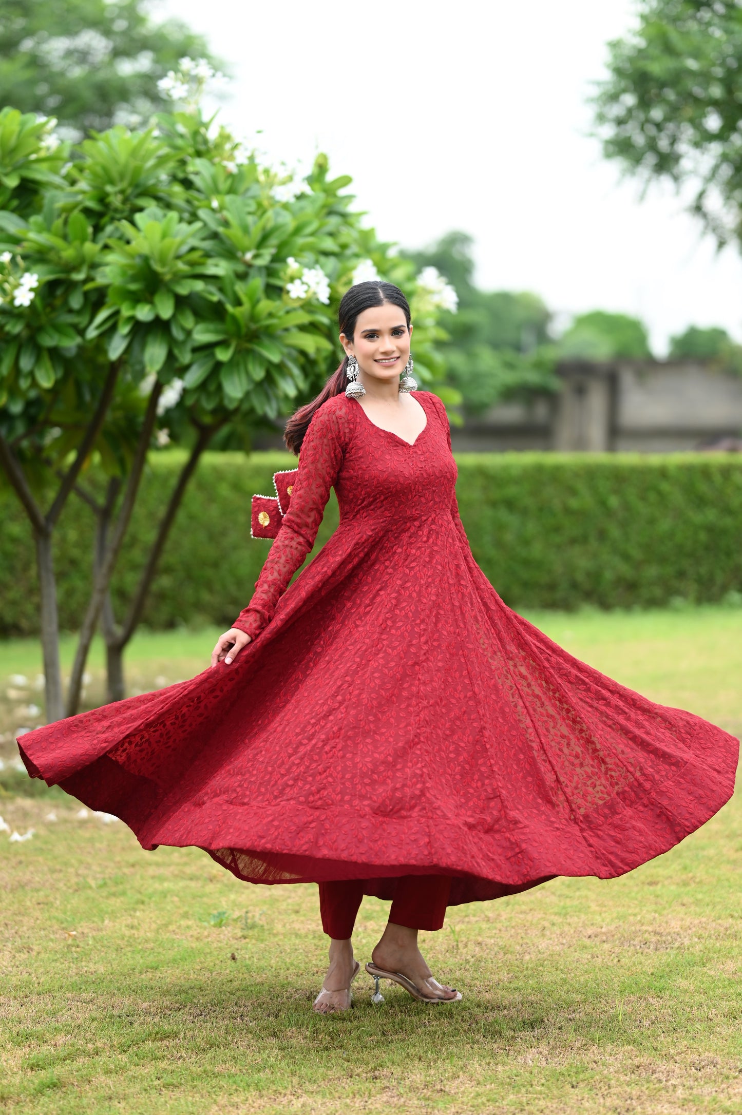 Maroon Chikankari Anarkali Set