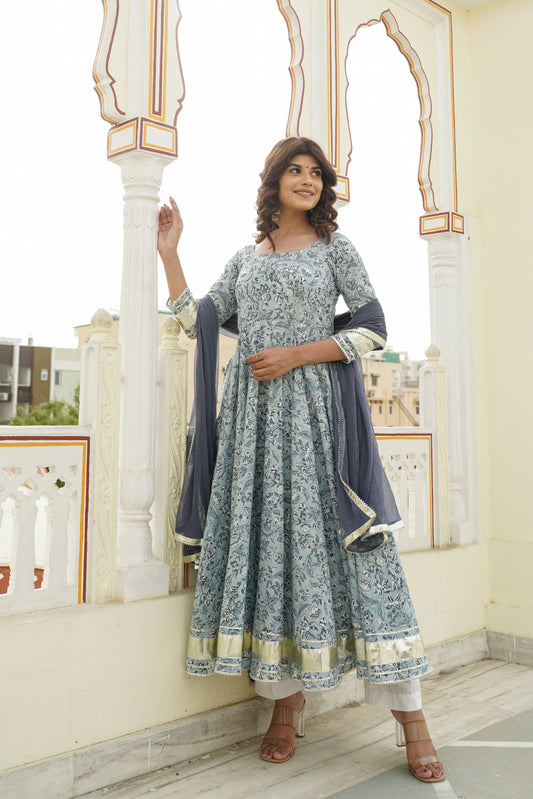 Gray Handblock Anarkali